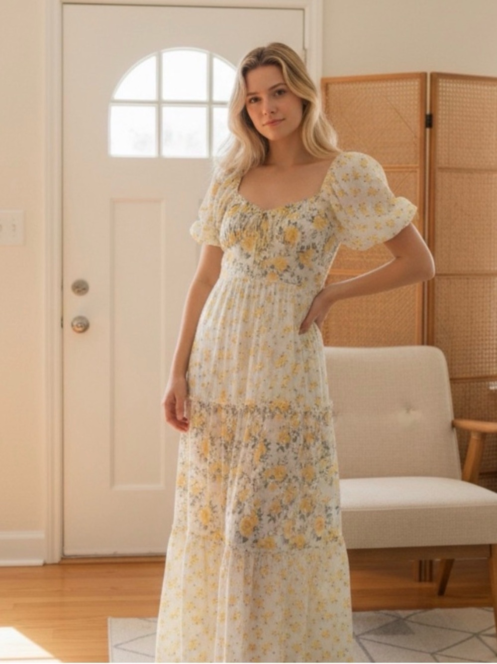 Floral Puff Sleeve Maxi Dress in Yellow and White